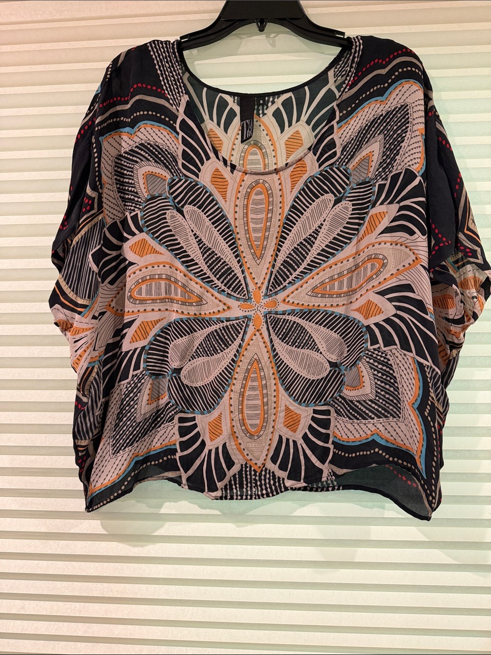 Printed Black Floral Tunic Top with Cream & Tan Accents